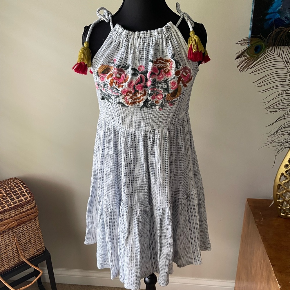 Altar'd State White and Pink Ruffled Halter Sundress size L Floral Embroidered